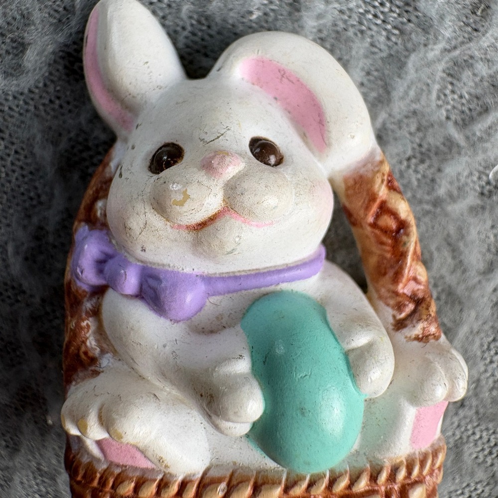 Vintage Hallmark Easter Bunny Basket Pin Brooch White Rabbit Teal Egg Purple Bow